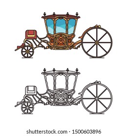 Icons of retro buggy or chariot for weddings, royal or princess dormeuse carriage. Coach of Maria Francisca de Saboia. Outline of vintage perth-cart, fairytale waggon, victorian cab.Medieval transport