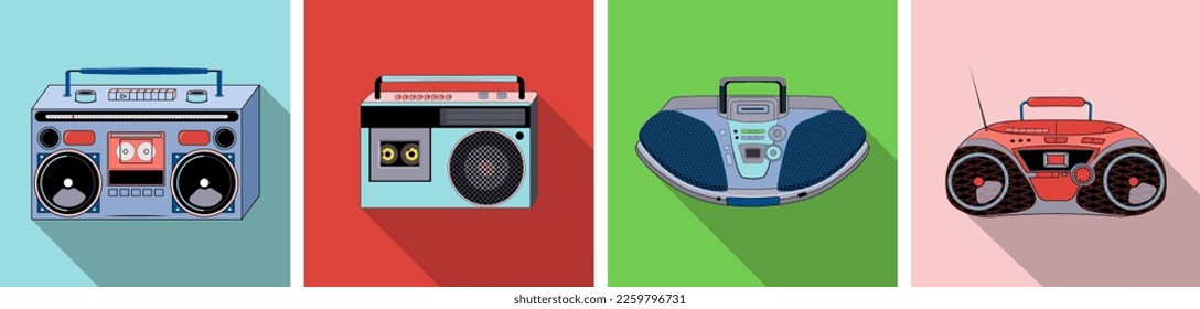 Icons of retro music player . Old Retro Media Music and Radio Player. Tape recorders, radios and cassette recorder. Vector illustration in flat design, EPS 10.