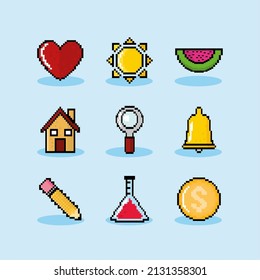 icons retro pixelated design set
