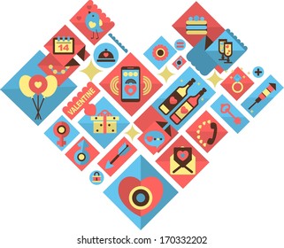 icons in retro style on the holiday Valentine's Day heart-shaped collected