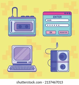 icons retro tech, computer and music player