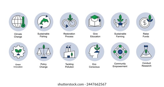 Icons for rewilding, fundraising, research, climate change awareness, sustainable practices, eco consciousness, education, restoration, pollution control, green innovation and more.