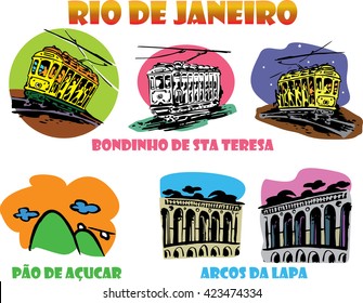 Icons of Rio de Janeiro vector . Famous trolley crossing to Sugar Loaf Mountain. Little Tram. Arcs of Sta Teresa Lapa. 