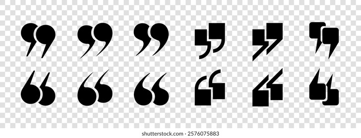 The icons are round and square quotes in black on a transparent background. A set of linear icons, commas. Check mark or checkbox, quote icons in comments. Vector EPS 10.