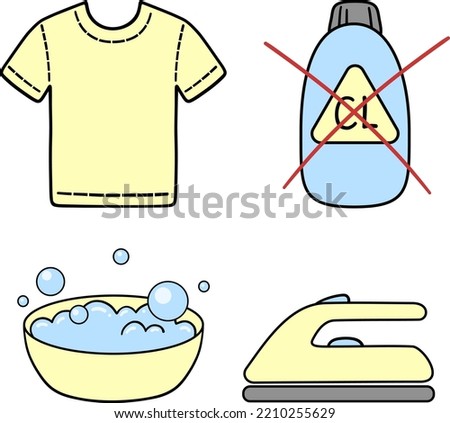 Icons of the rules of care for clothes. The T-shirt icon, the washing icon, the iron ironing icon, the do not use chlorine-containing substances icon. Vector signs.