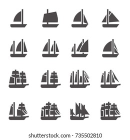 Icons of sailing ships in glyph style / Ships like cat, yal, sloop, cutter, ketch, Bermuda schooner, yol, tender, brig, brigantine, schooner, cruiser yacht, mars schooner, frigate, galley, corvette svg
