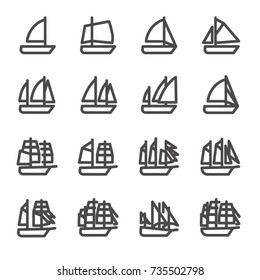 Icons of sailing ships in line style / Ships like cat, yal, sloop, cutter, ketch, Bermuda schooner, yol, tender, brig, brigantine, schooner, cruiser yacht, mars schooner, frigate, galley, corvette
