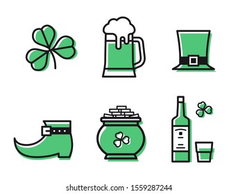 Icons Saint Patrick's Day. Clover, trefoil hat, shoe whiskey, pot, shamrock, beer, mug green.