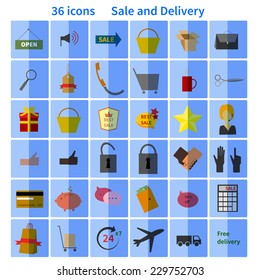 Icons sale: speaker, calculator, handshake, delivery, scissors, magnifying glass, price tag, tape, basket, gift, hand, plastic card, dealer, lock, truck, purse, coin box, 