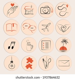 Icons for saved stories. Highlights. Beige background, black and red lines. Navigation, bookmarks, correspondence, travel, food, music, ideas and other icons. Hand drawing 