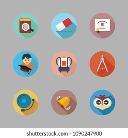 Icons School with bell, eraser, graduate and diploma