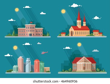 Icons, school, church, university, city. Flat style vector illustration.