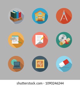 Icons School with contract, library house, cardiogram and laptop