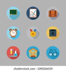 Icons School with flasks, briefcase, medal and alarm clock