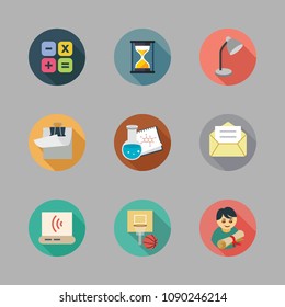 Icons School with handcraft, desc lamp, graduate and letter