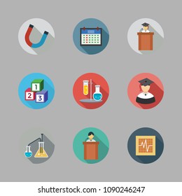 Icons School with lecture, flasks, graduate and cubes