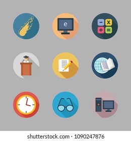 Icons School with lecture, meteor, open book and notebook