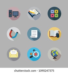 Icons School with molecule, letter, magnet and open book