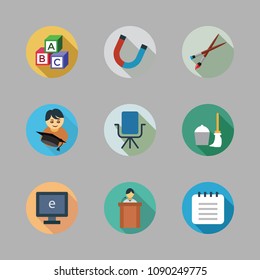 Icons School with mop, abc, computer and notebook