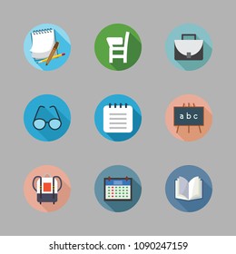 Icons School with open book, briefcase, calendar and notes