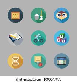 Icons School with open book, dna, mop and cubes