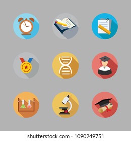 Icons School with open book, flasks, medal and graduation