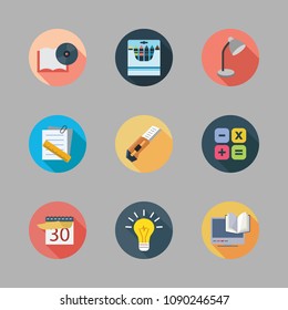 Icons School with open book, idea and desc lamp