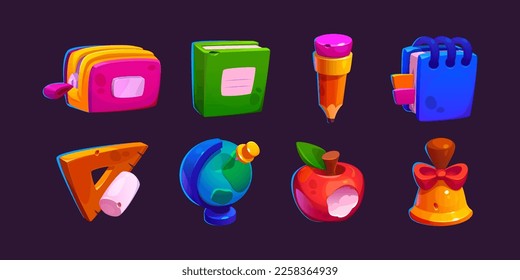 Icons of school stationery, pencil, book, ruler and globe. Game objects of education supplies, pencil case, apple, chalk, notebook and bell, vector cartoon set isolated on background