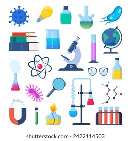Icons of science. Chemistry, physics, biology. Natural sciences. Everything for experimentation and learning. Vector illustration