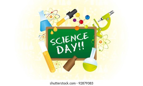 Icons of science day over green chalkboard. vector illustrator