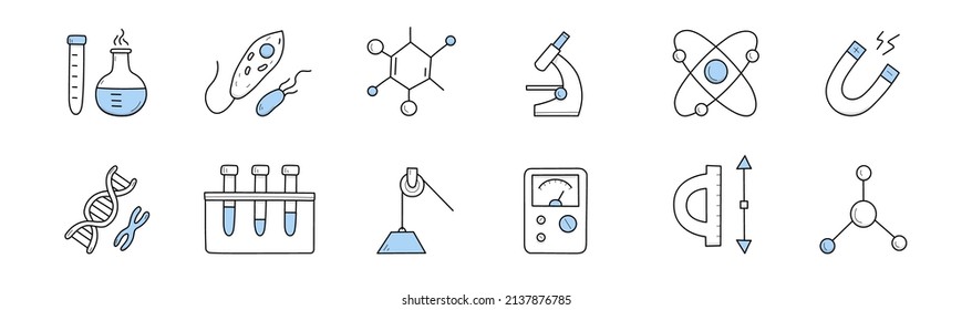 Icons of science, laboratory test, research in chemistry, biology, physics, medicine. Vector hand drawn symbols set of scientific lab equipment, microscope, chemical tubes, DNA molecule, atom