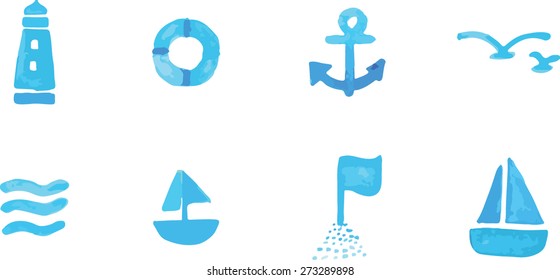 Icons with sea subject and symbols