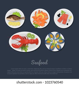 Icons of seafood on a plate in flat style. Top view. Restaurant delicious dish. Vector illustration