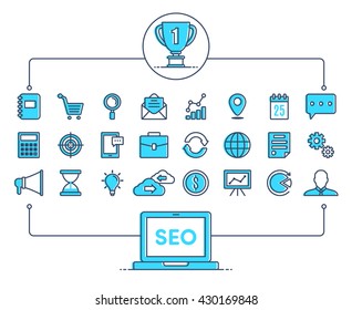 Icons SEO integrated thin line symbols. Modern linear style vector concept. Abstract background illustration for digital network, analytics, social media and market concept
