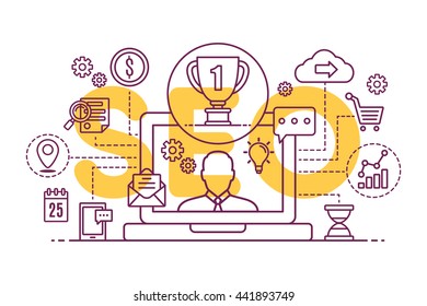 Icons SEO integrated thin line symbols. Modern linear style vector concept. Abstract background illustration for digital network, analytics, social media and market concept