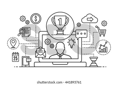Icons SEO integrated thin line symbols. Modern linear style vector concept. Abstract background illustration for digital network, analytics, social media and market concept