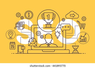 Icons SEO integrated thin line symbols. Modern linear style vector concept. Abstract background illustration for digital network, analytics, social media and market concept