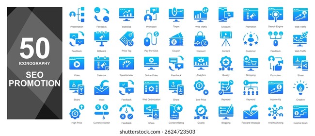 icons for SEO promotion concepts: keyword research, traffic growth, link building, and website ranking. Great for digital marketing visuals.

