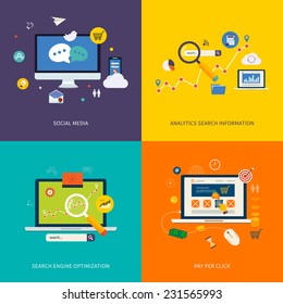 Icons for seo, social media, analytics search information and pay per click internet advertising in flat design. Set of flat design concept icons for web and mobile services and apps.