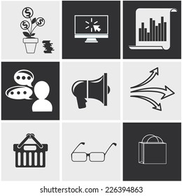 Icons for seo, social media, online shopping, business idea, business tools, money tree with coins in black and white color
