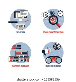 Icons for seo, web design, responsive web design and marketing research. Flat style. Vector
