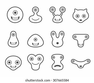 icons set 12 aliens and monsters in black and white