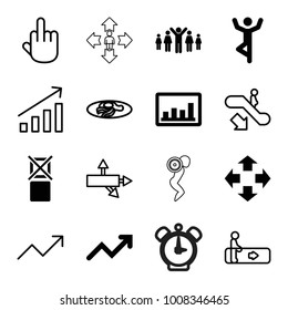 Up icons. set of 16 editable filled and outline up icons such as move, man doing exercises, graph, group of people and man celebrating victory, escalator, escalator down