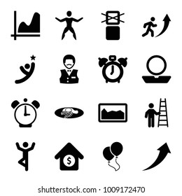 Up icons. set of 16 editable filled up icons such as powder, casino boy, graph, clock alarm, fried egg and bacon, man doing exercises, cargo only in box allowed, house sale