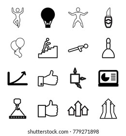 Up icons. set of 16 editable outline up icons such as graph, chart on display, air balloon, spa bag, hook with cargo, like, man climbing stairs, lipstick, balloon, arrow