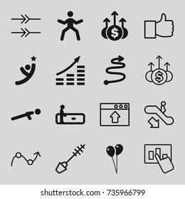 Up icons set. set of 16 up filled and outline icons such as escalator, balloon, push up, curved arrow, winner, escalator down, mascara, graph, arrow, like, money growth