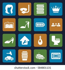 icons icons set. Set of 16 icons filled icons such as hairstyle, crown, heel sandals, earring, towels, car wash, toilet, drink, sandwich and apple, woman shoe, baterry, hair