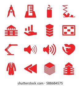 icons icons set. Set of 16 icons filled icons such as sandals, compass, broken heart, volume, play back, table lamp, paper, jacket, photo, building, graph on hand