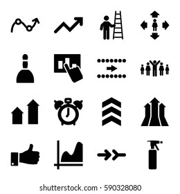 up icons set. Set of 16 up filled icons such as arrow up, spray bottle, spa bag, man move, graph, arrow, hand on graph, man with ladder