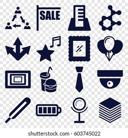 Icons icons set. set of 16 icons filled icons such as mirror, burger and drink, themometer, baterry, favorite music, paper, photo, building, tie, communication, atom, balloon